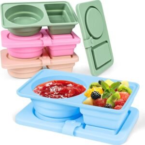 Silicone Reusable Snack Containers with Lids, 2 Compartment Leak-Proof Snack Bento Boxes for Kids (4 Pack)