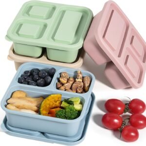 Silicone Snack Container with Lids, 3 Compartment Snack Boxes (4 Pack)